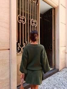 Knitted Set With Puff Sleeve Blouse And Short Skirt Simple Casual Knitted - 軍綠色 - 查看 3