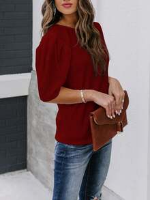 Women's Solid Short Sleeve Blouse Summer Crew Neck Casual Tops Fashion Puffed Sleeve Shirt