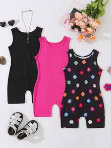 3pcs/Set Young Girls Floral Print + Solid Ribbed Sleeveless Simple Jumpsuit - Hot Pink - View 1