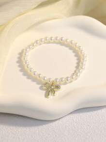 1 pieza Elegante y de moda brazalete con lazo con perla artificial en forma de corazón, adecuado para uso diario o boda