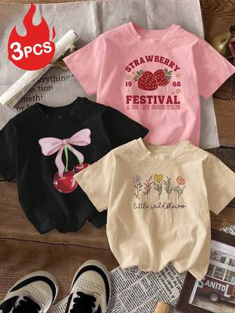 ชุดเสื้อยืดแขนสั้น คอกลม ลายพิมพ์ ผ้าคอตตอน เหมาะสำหรับสาวๆ ใส่เล่น 3 ชิ้น/เซ็ต รุ่นฤดูร้อน