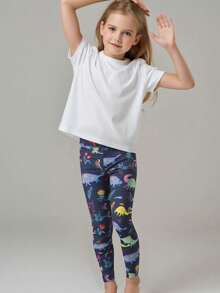 1pc Girls Unicorn & Dinosaur Print Nine-Minute Tight Leggings, Spring/Summer - Multicolor - View 6