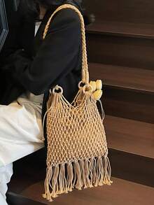 Newly Straw Woven Crossbody Bag For Women, Small Niche Shoulder Bag For Beach, Fashion Envelope Bag, Versatile Ins Coastal Vacation Beach Bag - Khaki - View 3
