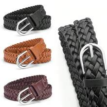 1/2/3 Pcs Women's Braided Faux Leather Finger Loop Buckle Waist Belt, Gold & Silver Belt Buckle, For S/Skirts, Black & Beige Belt Set Summer, School Fall, Autumn, Halloween - Multicolor - View 2