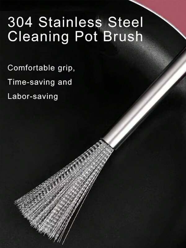 1pc 304 Stainless Steel Cleaning Brush, Comfortable Handle, Highly Efficient Kitchen Cleaning Brush, With Hanging Ring, Durable Metal Pot Cleaning Tool, Safe Cleaning, Time And Labor-Saving Cleaning Tool