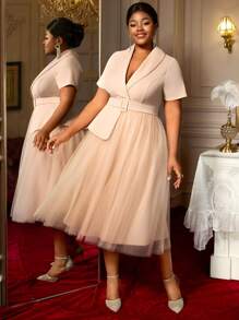 Khaki Turn-Down Collar Short Sleeve Peplum Patchwork Mesh A-Line Dress Business Party