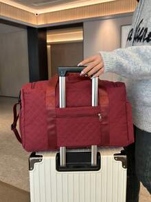 1pc New Classic Quilted Travel Bag, Women's Handbag, Shoulder Bag, Crossbody Bag, Gym Bag, Overnight Bag, Multi-Pocket, Shoe Compartment, Large Capacity, Convenient - Burgundy - View 8