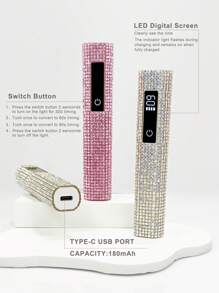 1 pieza Lámpara de uñas UV LED recargable y portátil con alimentación USB, con decoración de strass, pantalla LED, control de temporizador fácil, secador de uñas portátil, lámpara de curado de uñas de gel, forma hexagonal de diamante, bombillas LED de alta potencia, lente de aumento de 8X para un cuidado de uñas rápido y eficiente