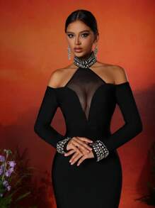 Love Aing Robe de soirée de mode pour femme à manches longues, avec cristaux faits à la main, contraste de maille, dos nu, fente à l'ourlet, pour soirée de gala, mariage, cérémonie, tenue de soirée