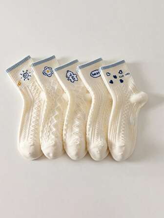 5 Pairs Women's Casual Versatile Fresh Japanese Style Cute Crew Socks, Fall