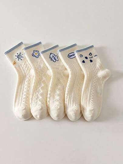 5 Pairs Women's Casual Versatile Fresh Japanese Style Cute Crew Socks, Fall