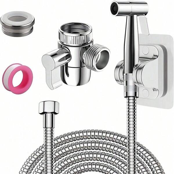 Handheld Bidet Sprayer Set, Toilet Bidet Attachment, Bathroom Bidet WC Spray With 3-Way Faucet Diverter, 59" Hose, Shower Holder & Faucet Adapter, Used For Cleaning Sink, Bathroom Corner, Toilet, Personal Hygiene