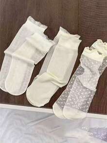 3 Pairs Heart, Dot & Stripe Patterned Sheer Knee High Socks, White, Suitable For Teenage Girls, Summer