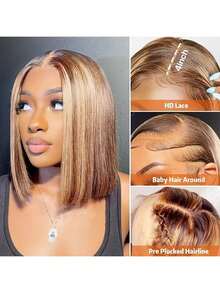 Lace Front Bob, Short Straight Hair, Real Human Hair Quality - Gold Gradient, High Gloss, Pre-Pull Hairline, No Glue, Comfortable Fit For Daily And Special Occasions, Natural Style, Versatile, 180% Density - Gold - View 9