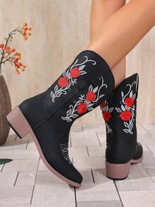 Women 2025 New Mid-Calf Boots, V-Shape Floral, Geometric, Tropical Floral, Small Ditsy Ditsy Floral, Vintage Sexy Casual Elegant Western Style Outdoor Polyester Embroidery Fashion Boots, Suitable For Wedding Party Office Outdoor Spring Summer Autumn Winter - Black - View 6
