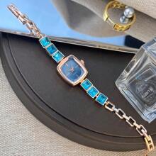 Neue Damen Uhr mit eingearbeiteten Zirkonia, elegantes quadratisches Zifferblatt, Legierung Quarzwerk, Mode Armband aus Stahl mit Strass, Damen Armbanduhr