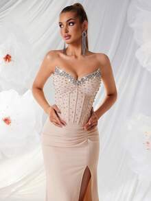 ADYCE Women's Elegant V-Neck Rhinestone Pearl Decor High Waist Slit Backless Maxi Party Dress, Suitable For Ball, Birthday Party, Formal Dinner, Date, Homecoming, Wedding Guest, Formal Gala, Family Gathering And Other Occasions - Apricot - View 9