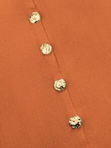 复古优雅金属纽扣前襟纯色不透明无袖圆领商务工作背心，修身休闲针织背心，女士款 - 橘色 - 查看 4