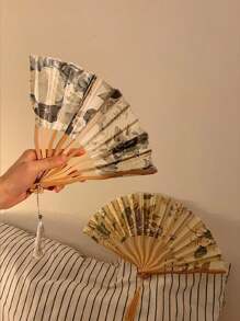 1pc Traditional Ink Painting Hand Fan, Retro Classical Style, Handheld Bamboo Fabric Fan, Portable Vintage Cheongsam Accessory, Elegant Floral Pattern With Tassels, Home Decor And Personal Use