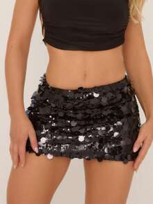Women's Sequin Skirt Sparkle Stretchy Bodycon Mini Night Out Party Glitter Skirts - 黑色 - 查看 1