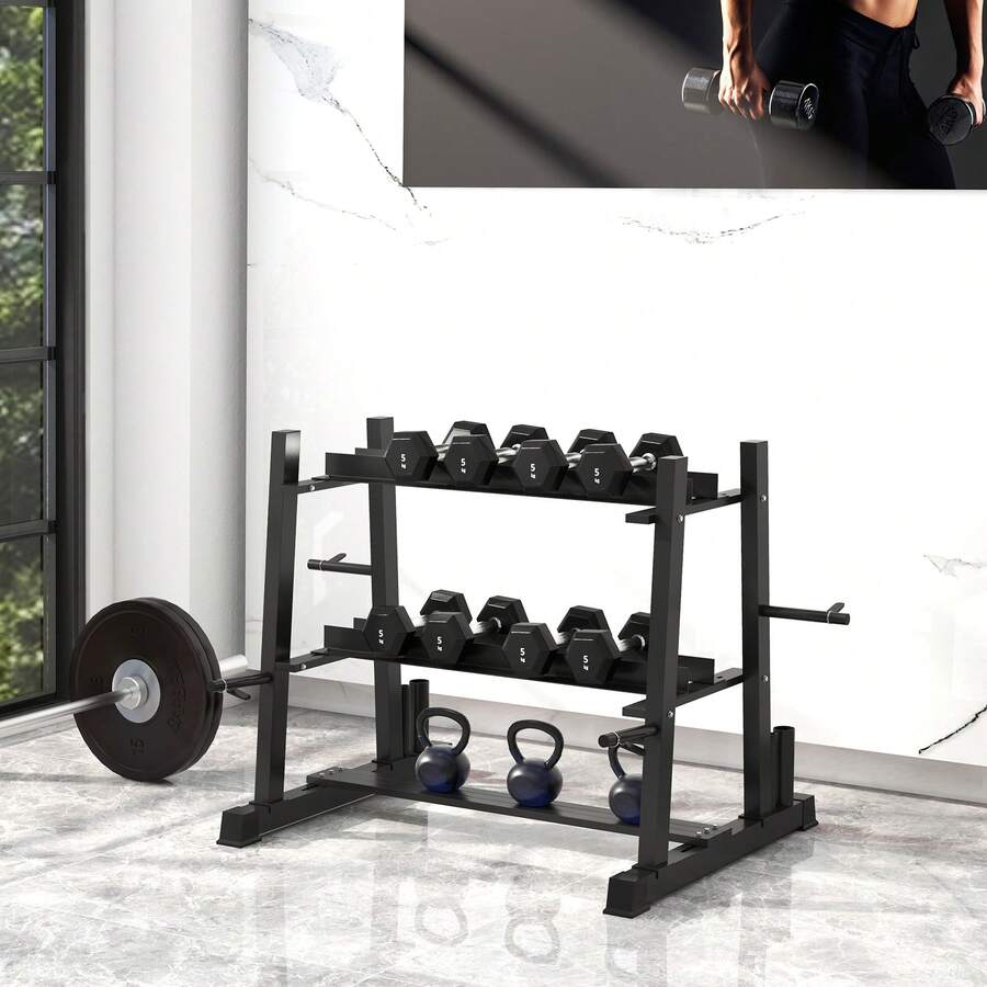 SPORTNOW 3-Tier Dumbbell Rack, Versatile Weight Rack With 4 Weight Rods For Dumbbells, Kettlebells And Plates (Rack Only) - Black - View 1