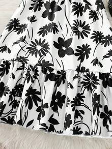 [Woven Texture] Stylish Green Floral Print Mid-Calf Dress For Teenage Girls - Casual Round Neck, Ruffle Sleeves, Polyester, Machine Washable - Perfect For Summer, Teenage Maxi Dress - White - View 3