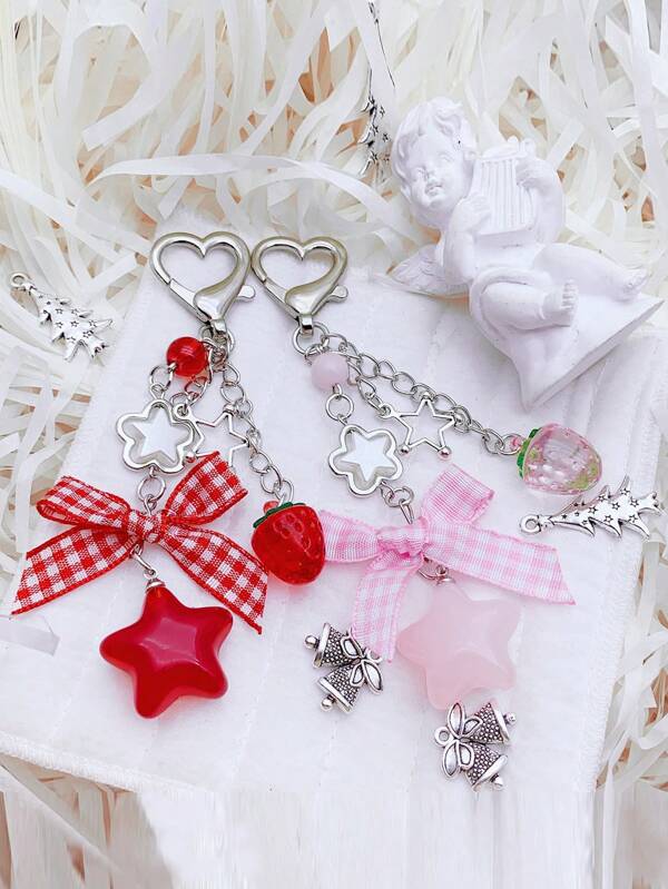 1 pieza Llavero de aleación de zinc con lazo y diseño de estrella de dibujos animados, llavero creativo de acrílico con colgante versátil de estrella, corazón, lazo, fresa para bolso, pantalones, decoración de automóvil, accesorios góticos y Y2K