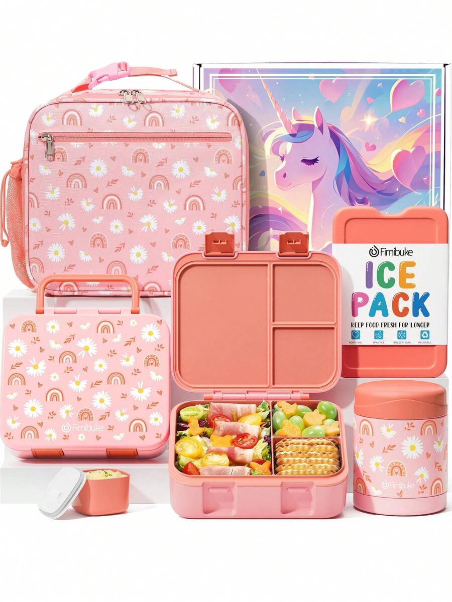 Bento Lunch Box With 32OZ Snack Lunch Container With 3 Compartments, Insulated Lunch Bag, 12OZ Leakproof Food Jar, Ice Pack Set For School, Travel - Rainbows & Daisies - 查看 1