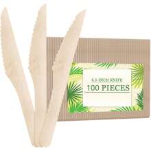 50/100/300 piezas Cuchillos de madera desechables de 16 cm (6.3"), 100 piezas Cubiertos de madera compostables, madera de abedul natural, para fiestas, camping, bodas y eventos