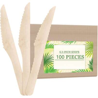 50/100/300 st. engångs träknivar 6,3" (16 cm), 100 st. komposterbara träbestick, naturligt björkträ, för fest, camping, bröllop och banketter