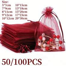 50/100pcs Wine Red Gift Packaging Bags, Dark Red Organza Candy Bags, Multicolor Mixed Wedding Candy Bags, Wedding Necessities Gift Bags, Tableware, Outdoor Storage Bags, Wedding Candy Packaging Bags, Multiple Sizes, Various Festival Party Packaging Supplies, Holiday Home Goods, Holiday Wedding Party Gift Packaging Supplies, Festival Activities And Party Supplies