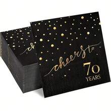 20pcs 3-Ply Birthday Party Napkins, 30th/40th/50th/60th/70th Golden Foil Text On Black Background, 5"X5" Cocktail Beverage Napkins For Birthday, Anniversary, Wedding Celebration
