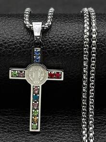 天主教耶稣不锈钢项链圣本笃水晶圣母玛利亚吊坠男士项链首饰 - 銀色 - 查看 8