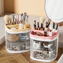 1Pc Rotating Drawer Style Storage Box Pen Holder, For Desktop Storage Pencil Storage Rack Cute Desktop Pen Cup Makeup Brush Container Home Decoration Stationery Storage Multifunctional Storage Box,Back To School,School Supplies,Pencil Case,Pencil Pouch,School Bag