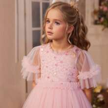 Girls Summer Dresses Pink Princess Style Embroidered Tulle Ruffled Sleeve Birthday Vacation Dresses