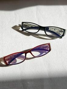 2pcs Rectangle Diamond Decorated Pattern Fashion Glasses, Suitable For Work, Computer Use & Daily Wear - Đen + Tím - Xem 2