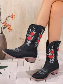 Women 2025 New Mid-Calf Boots, V-Shape Floral, Geometric, Tropical Floral, Small Ditsy Ditsy Floral, Vintage Sexy Casual Elegant Western Style Outdoor Polyester Embroidery Fashion Boots, Suitable For Wedding Party Office Outdoor Spring Summer Autumn Winter - Black - View 2