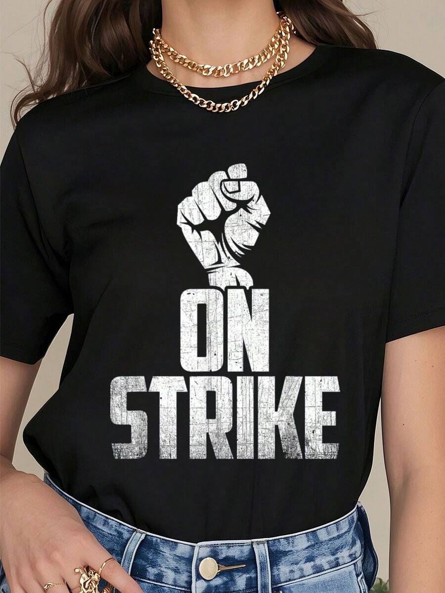 On Strike Solidarity Fist - Protest Union Worker Distressed T-Shirt        100% Cotton Summer T-Shirt For Women - Black - View 1