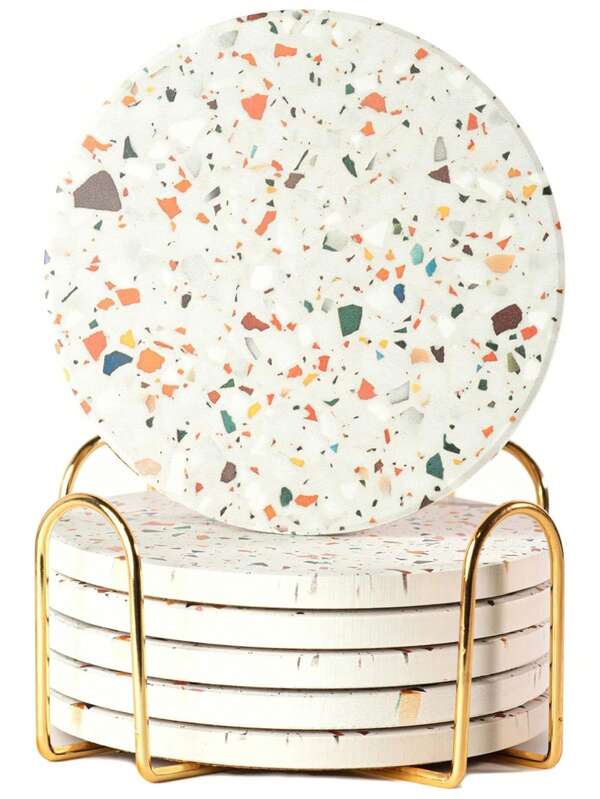6 Peças Porta-copos Absorventes de Terrazzo com Suportes de Metal, Porta-copos de Cerâmica para Decoração de Mesa de Centro, Porta-copos de Bebida Absorventes de Pedra