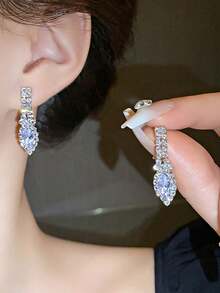 1pc Crystal Rhinestone Necklace And 1 Pair Crystal Rhinestone Earrings Luxury Bridal Set - Silver - View 4