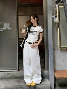 女款四条纹短袖猫咪印花T恤，时尚修身 - 白色 - 查看 4