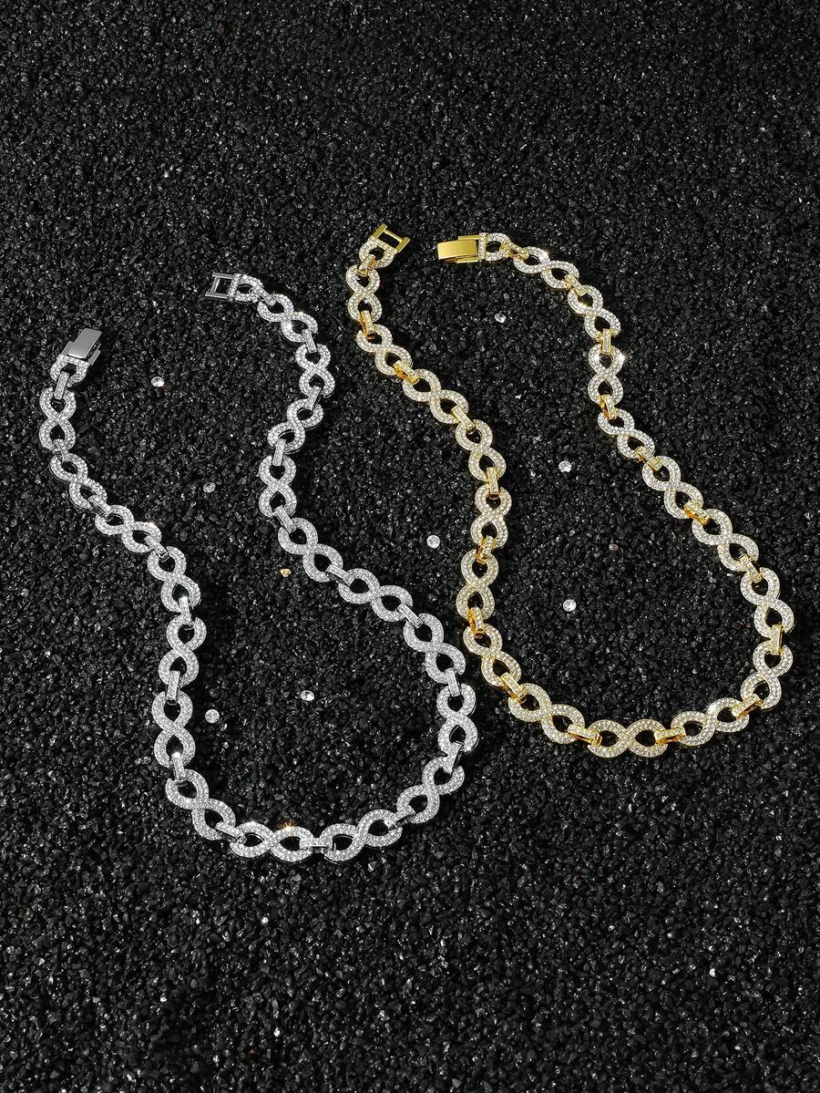 1pc Men Hiphop Style Full Rhinestone 8-Shaped Infinity Symbol Splicing Chain Necklace - Style a - View 1