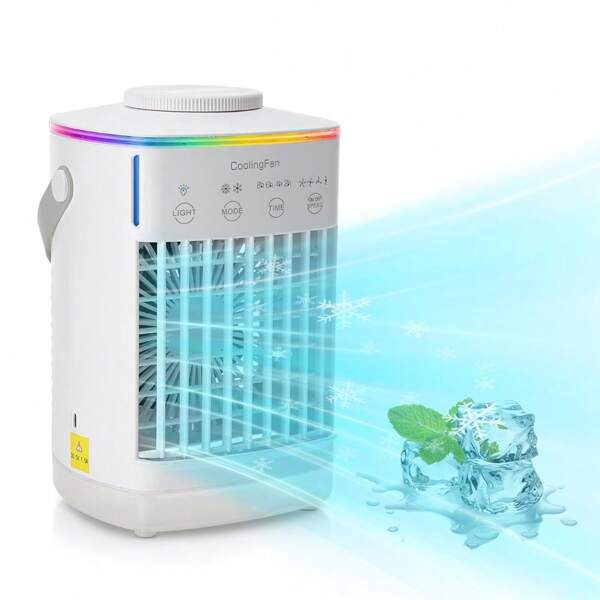 Tragbare Klimaanlage mit buntem Atmosphärenlicht, Wasserkühlungsventilator, Timer, Mini-Luftkühler, USB-Tischventilator, 700-ml-Wassertank, Desktop-Klimaanlagenventilator, Luftbefeuchter