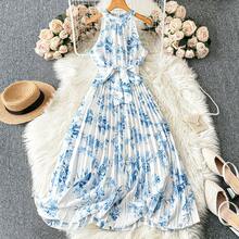 女士印花圆领百褶下摆系带无袖连衣裙 - 白色 - 查看 1