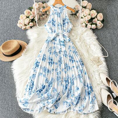 女士印花圆领百褶下摆系带无袖连衣裙
