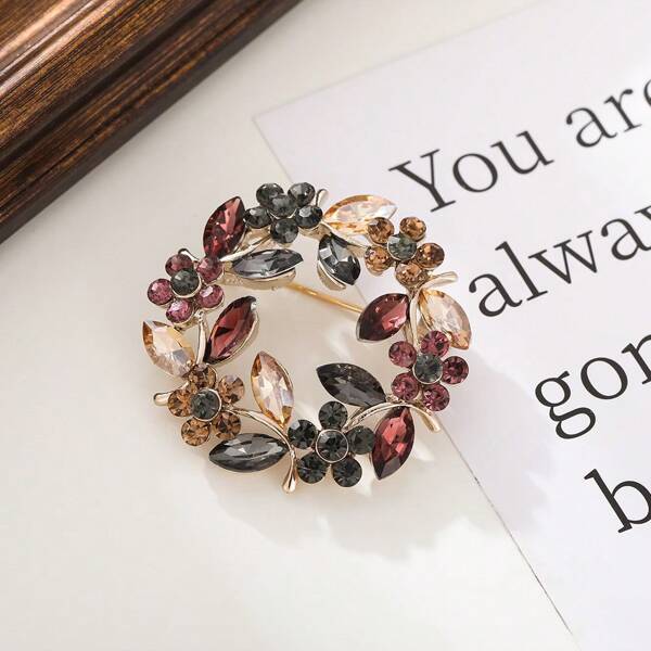 1pc Elegant Vintage Glass Crystal Flower Wreath Brooch - Sparkling Rhinestone And Rose Design, Mixed Color, Suitable For Weddings, Parties And Special Occasions