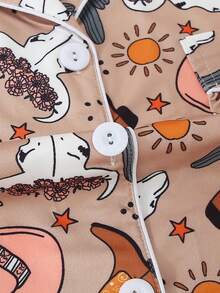 [Livanti Pajamas]2pcs/Set Women Sleepwear Set, Cooling Short Sleeve, Lapel Button Front Short Sleeve, Comfortable Loose Fit, Cartoon Floral Cowboy Boot Pattern, Suitable For All Seasons - Brown - View 7