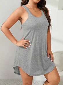 Vestido de Casa Casual Folgado Sólido de Verão para Mulheres Plus Size com Decote Redondo sem Manga