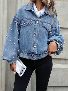 Mobula Sound Brand Women Casual Loose Pearl Decor Denim Jacket, Versatile Fashion For Daily, Party, Travel, Airport All-Matching, Spring/Summer
