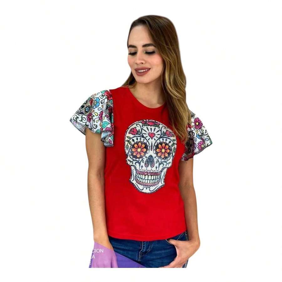 Playera blusa Mujer Manga Olanes - Rojo - Ver 1